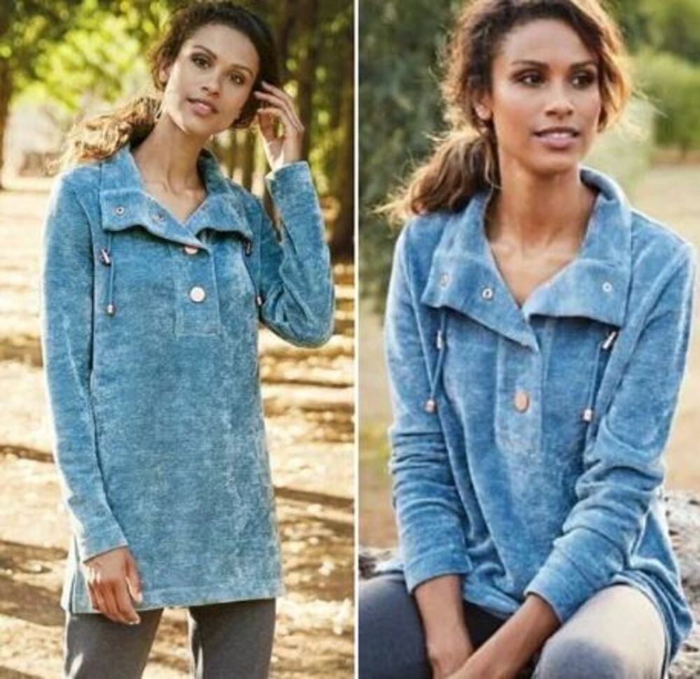 Soft Surroundings St. Germaine Blue Velour Pullover Tunic Sweater Size Medium